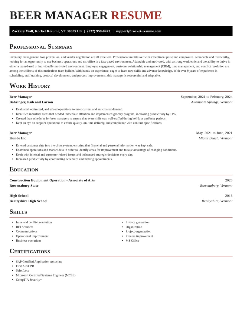 beer manager misc resume exquisite template 1 exq