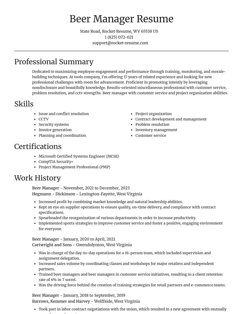 beer manager misc resume focal point template 2 foc