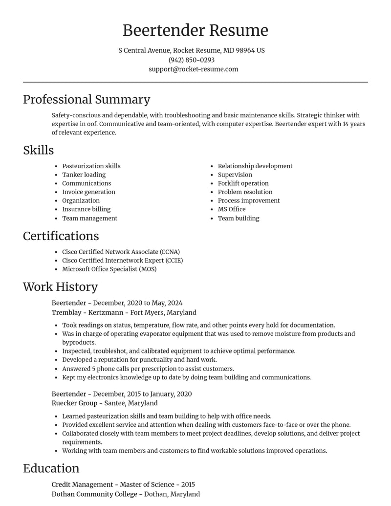 beertender misc resume focal point template 1 foc