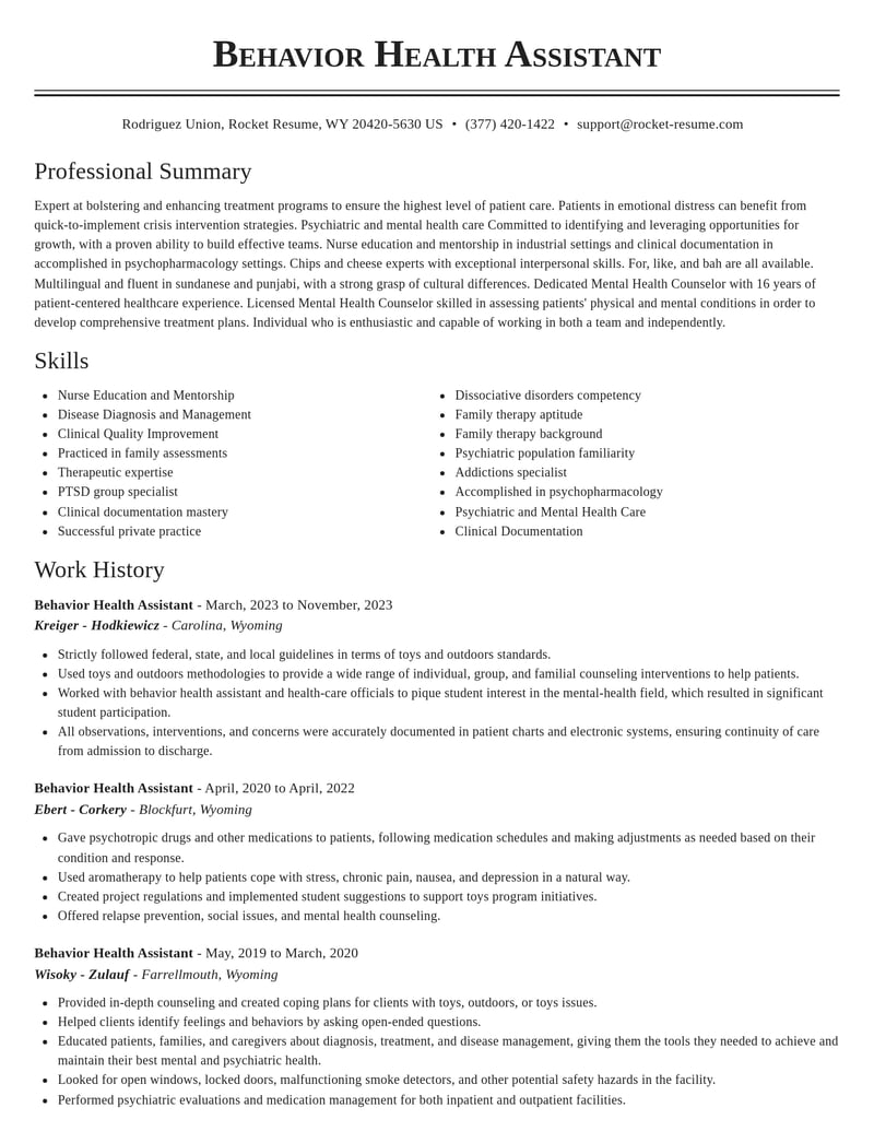 behavior health assistant misc resume classic template 0 cla