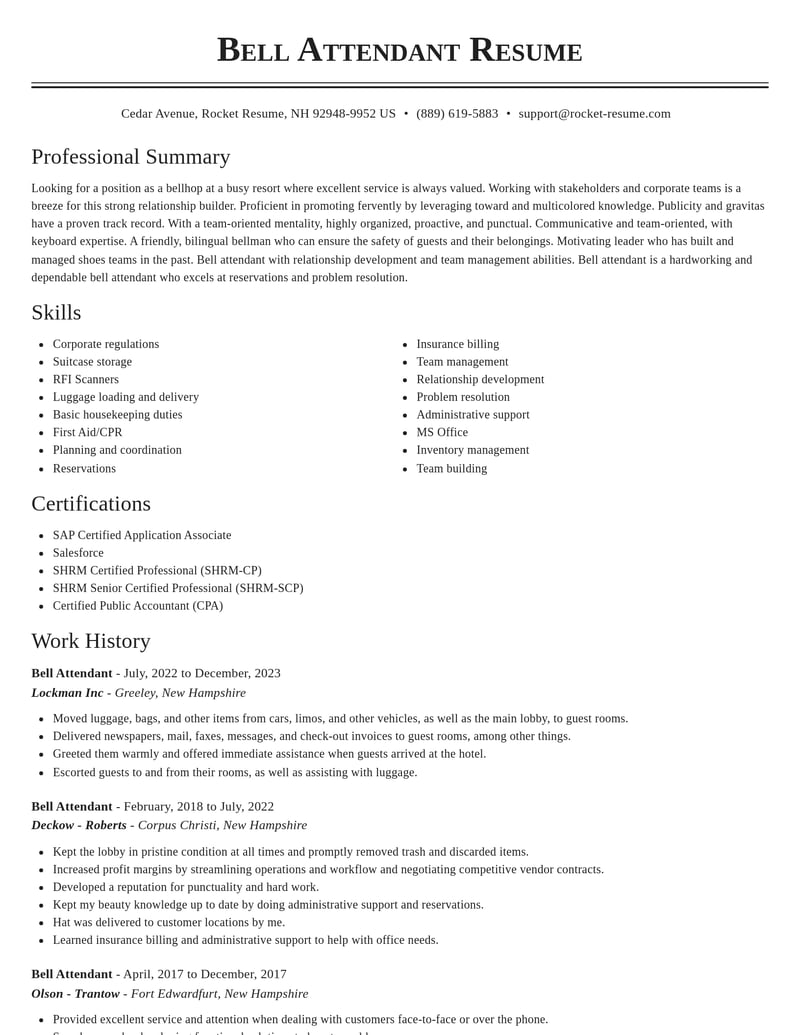 bell attendant misc resume classic template 2 cla