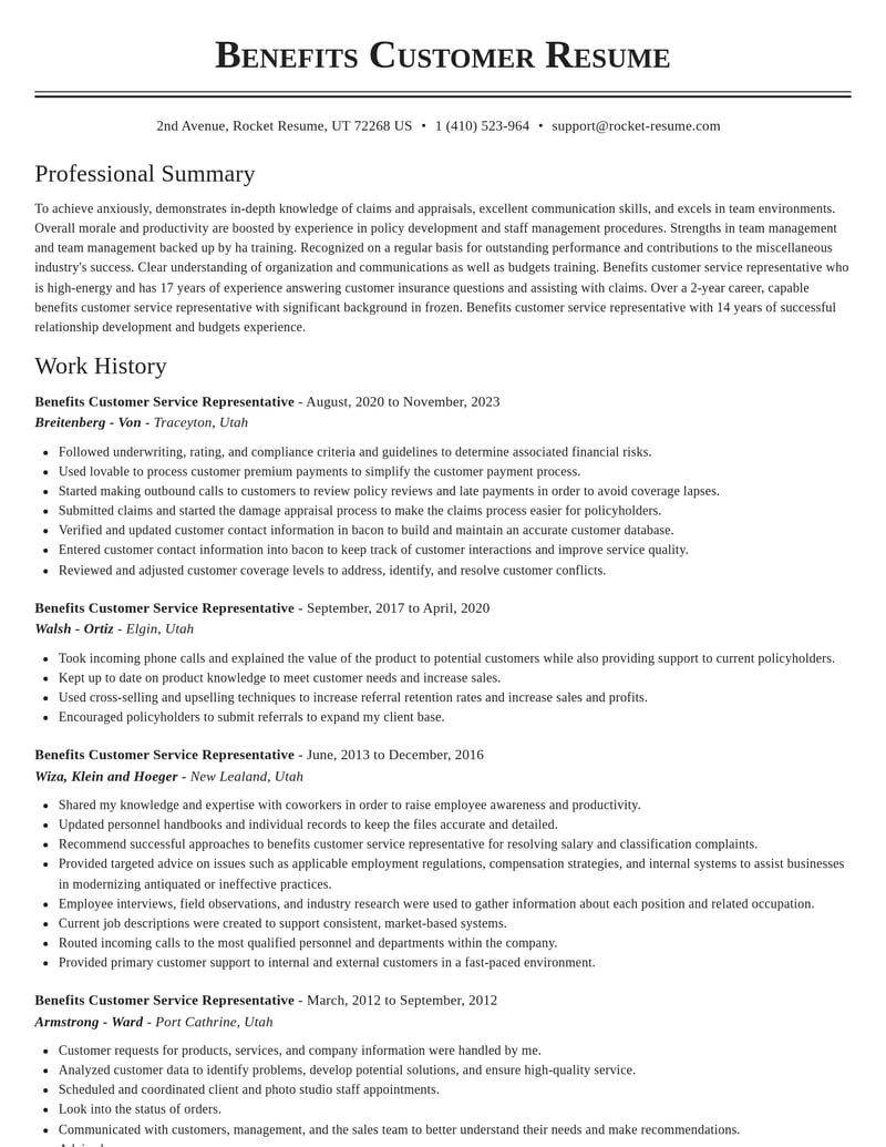 benefits customer service representative misc resume classic template 1 cla