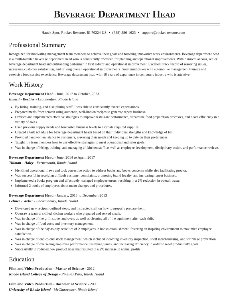 beverage department head misc resume classic template 2 cla