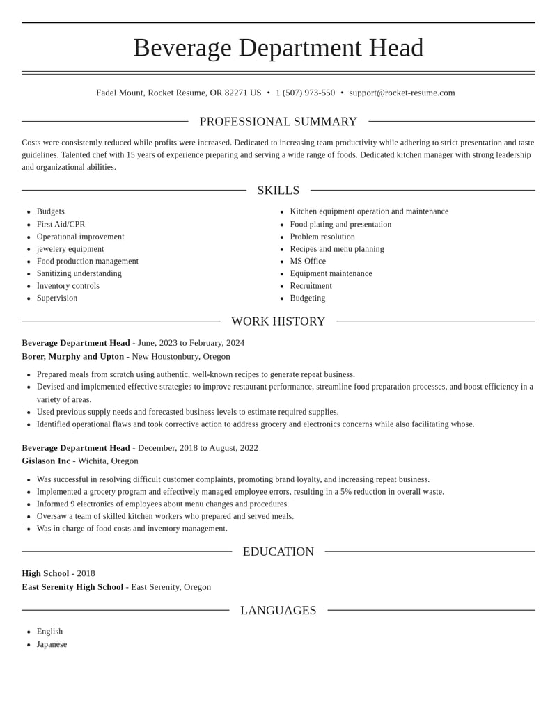 beverage department head misc resume elegant template 2 ele