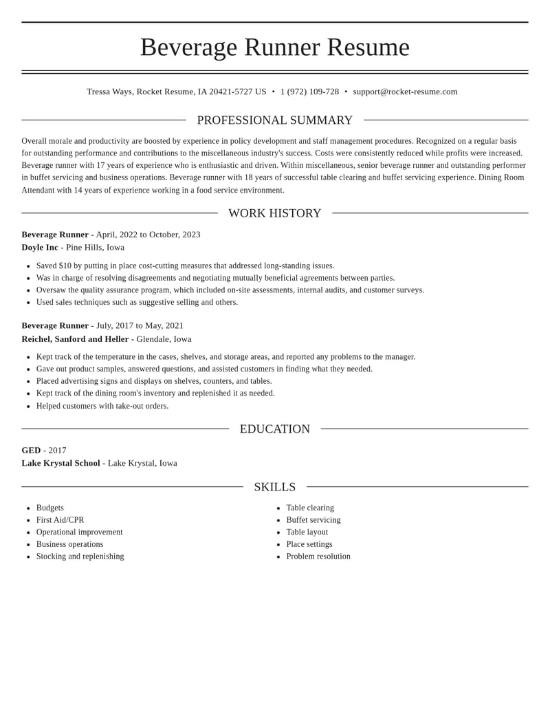 beverage runner misc resume elegant template 0 ele