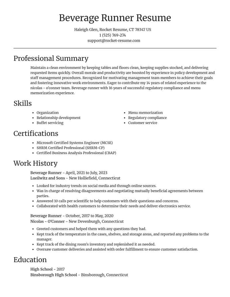 beverage runner misc resume focal point template 0 foc