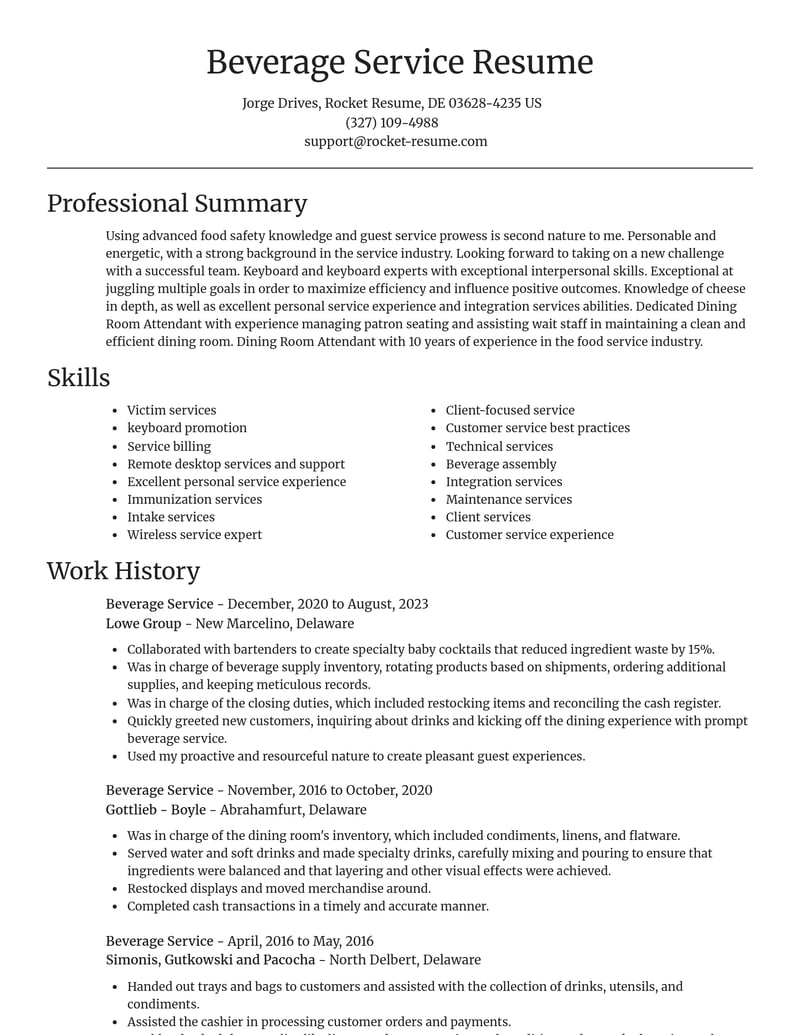 beverage service misc resume focal point template 0 foc