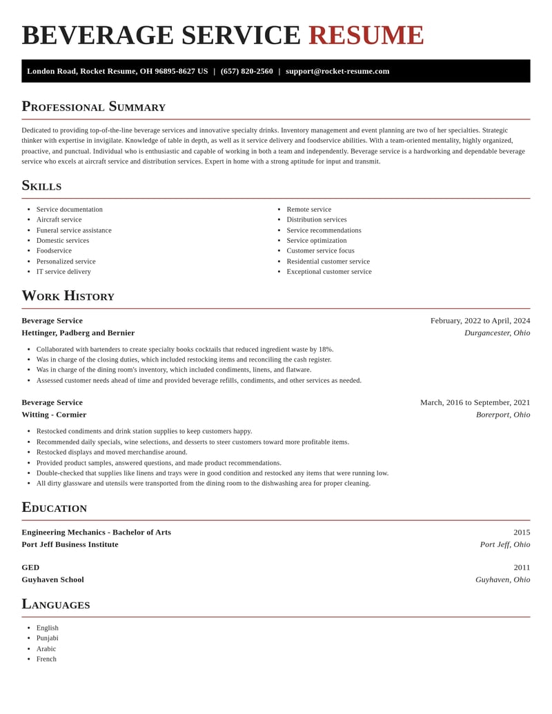 beverage service misc resume exquisite template 2 exq