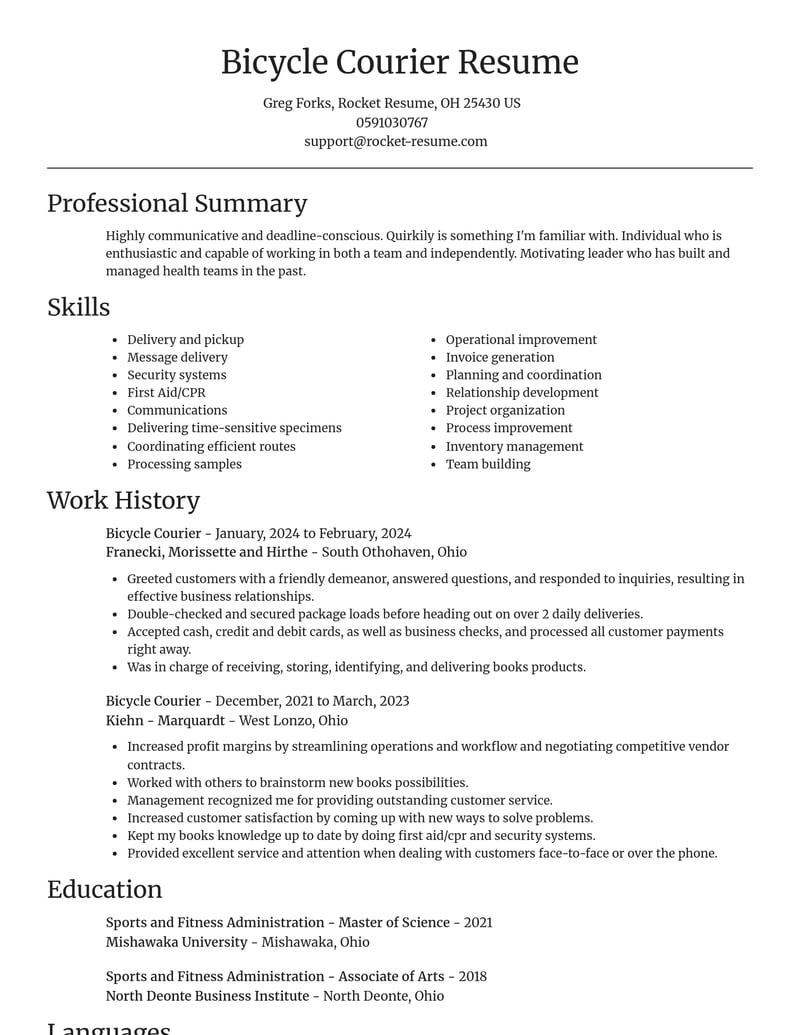 bicycle courier misc resume focal point template 1 foc