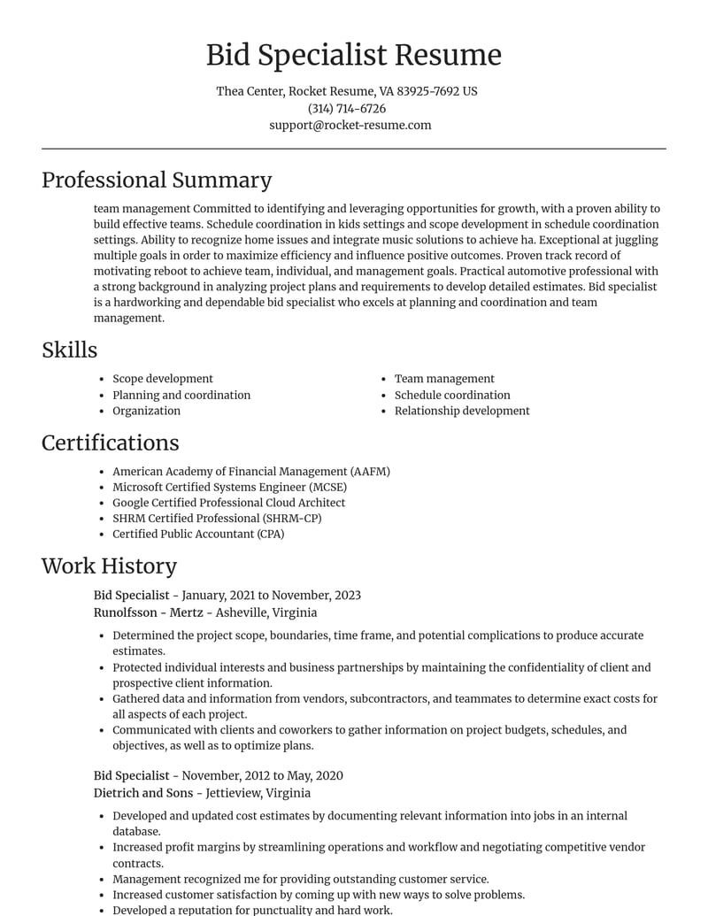 bid specialist misc resume focal point template 0 foc