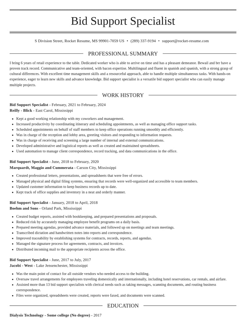 bid support specialist misc resume elegant template 0 ele