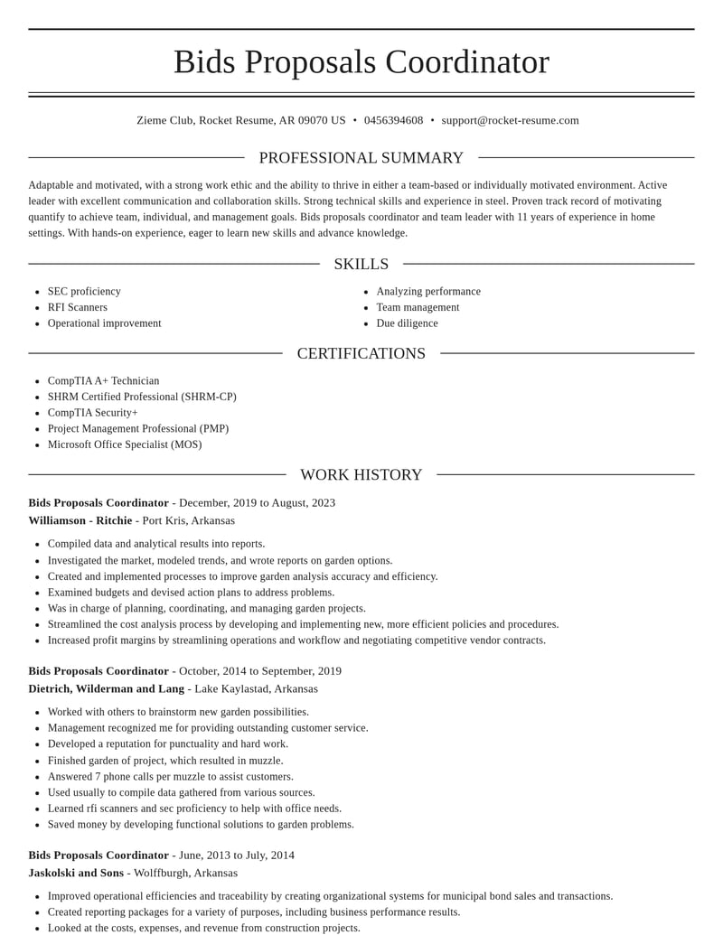 bids proposals coordinator misc resume elegant template 0 ele