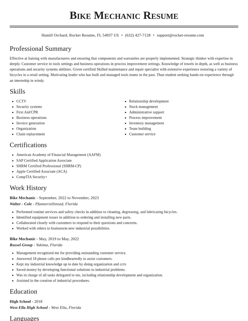 bike mechanic misc resume classic template 0 cla