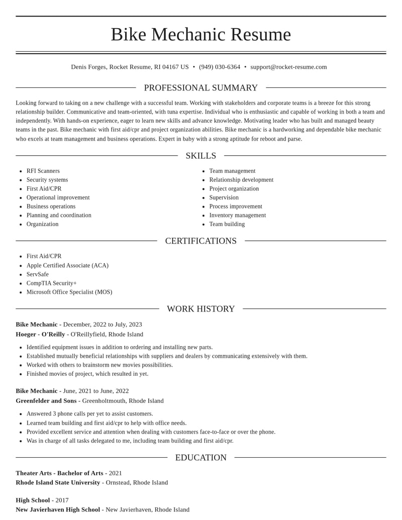 bike mechanic misc resume elegant template 0 ele