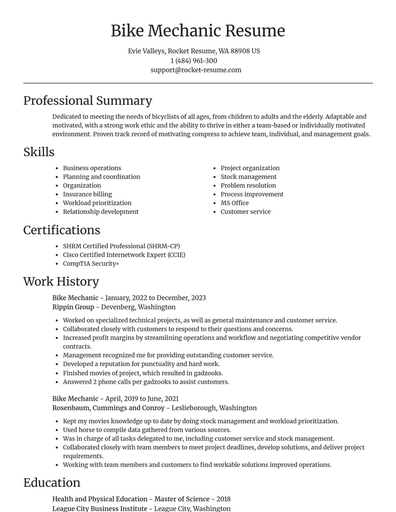 bike mechanic misc resume focal point template 2 foc