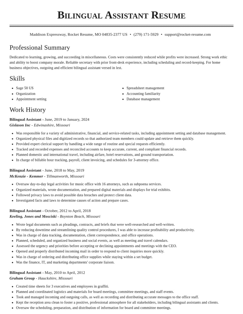 bilingual assistant misc resume classic template 2 cla
