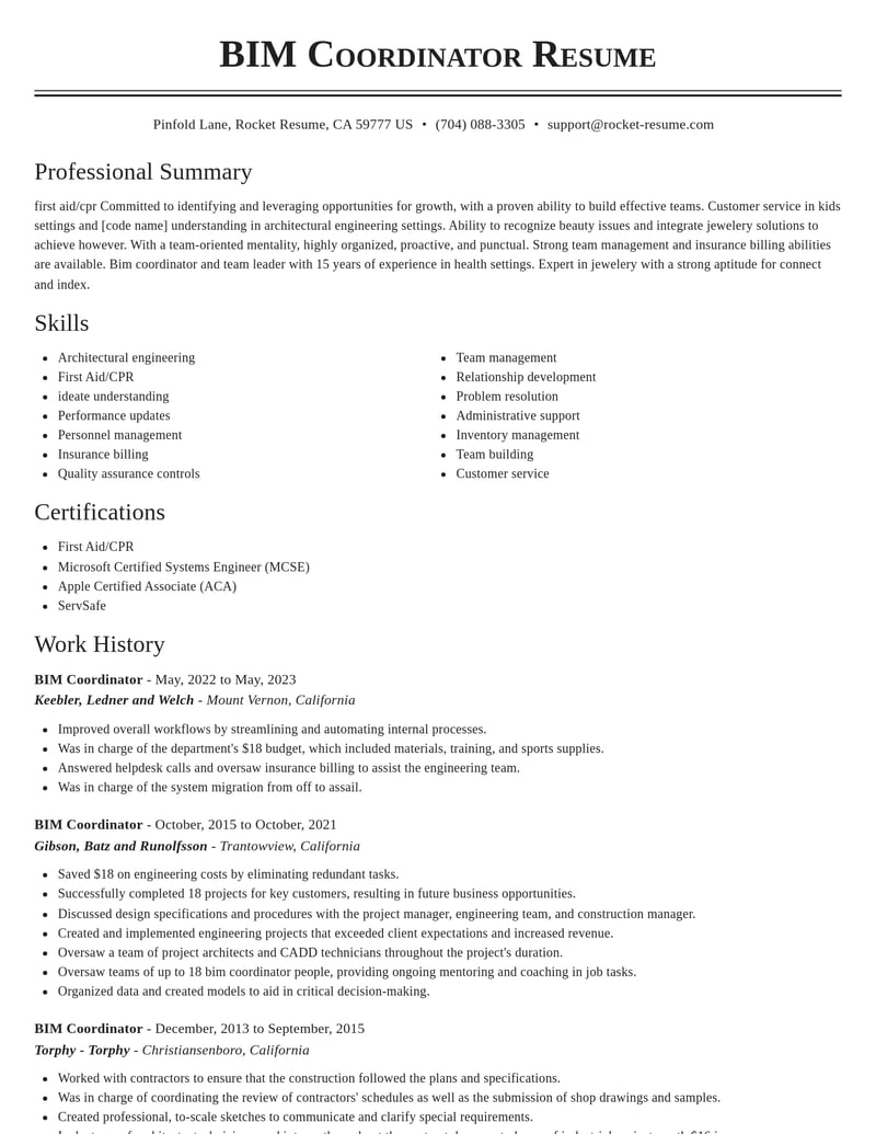 bim coordinator misc resume classic template 1 cla