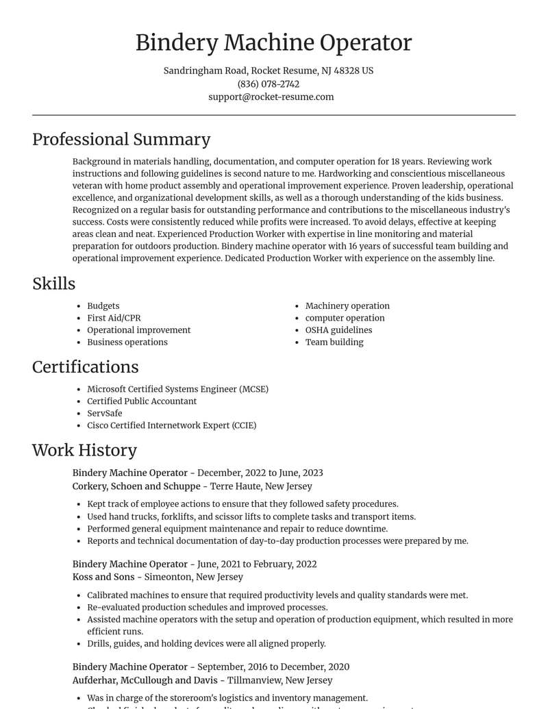 bindery machine operator misc resume focal point template 0 foc