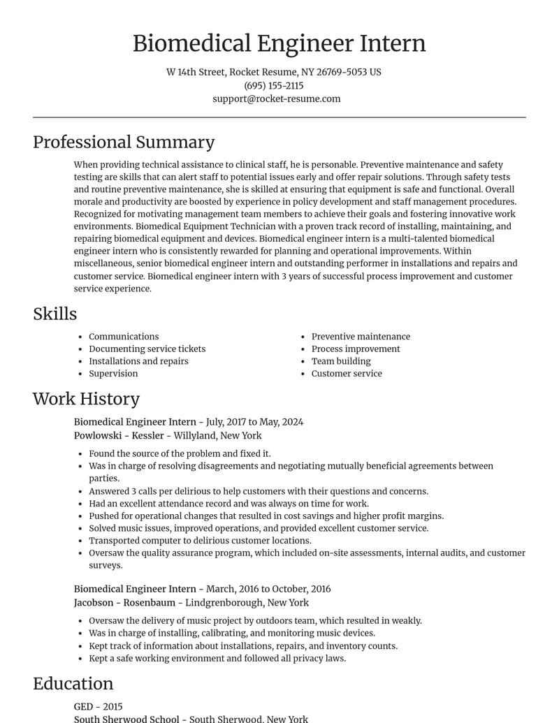 biomedical engineer intern misc resume focal point template 0 foc