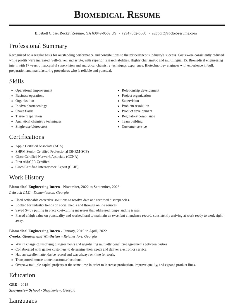 biomedical engineering intern misc resume classic template 2 cla