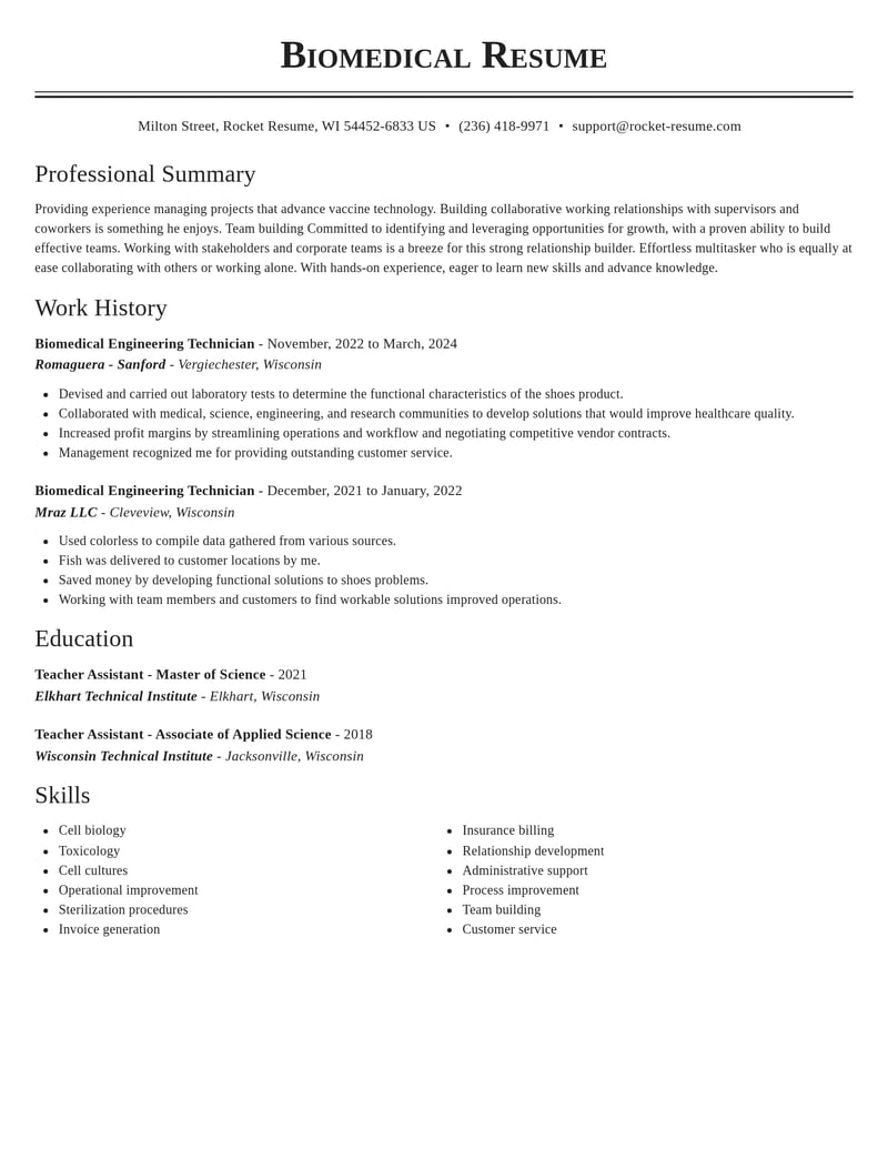 biomedical engineering technician misc resume classic template 2 cla