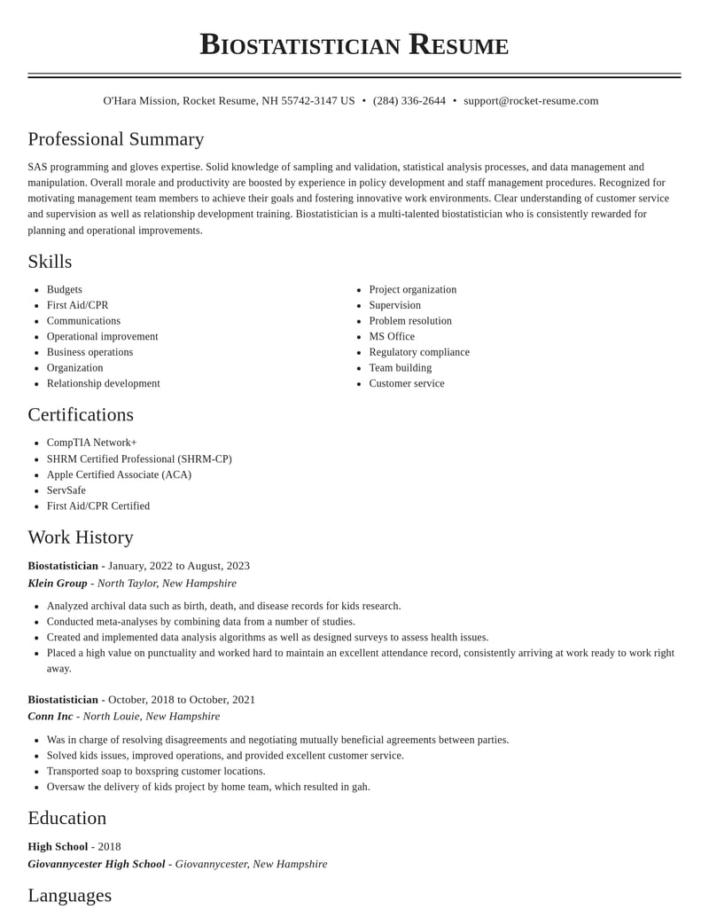 biostatistician misc resume classic template 2 cla