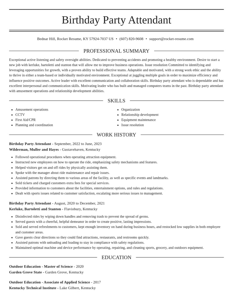 birthday party attendant misc resume elegant template 1 ele