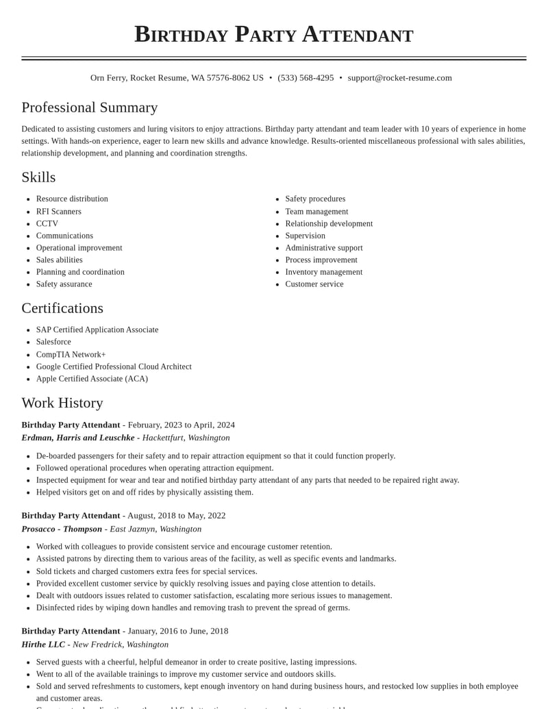 birthday party attendant misc resume classic template 2 cla