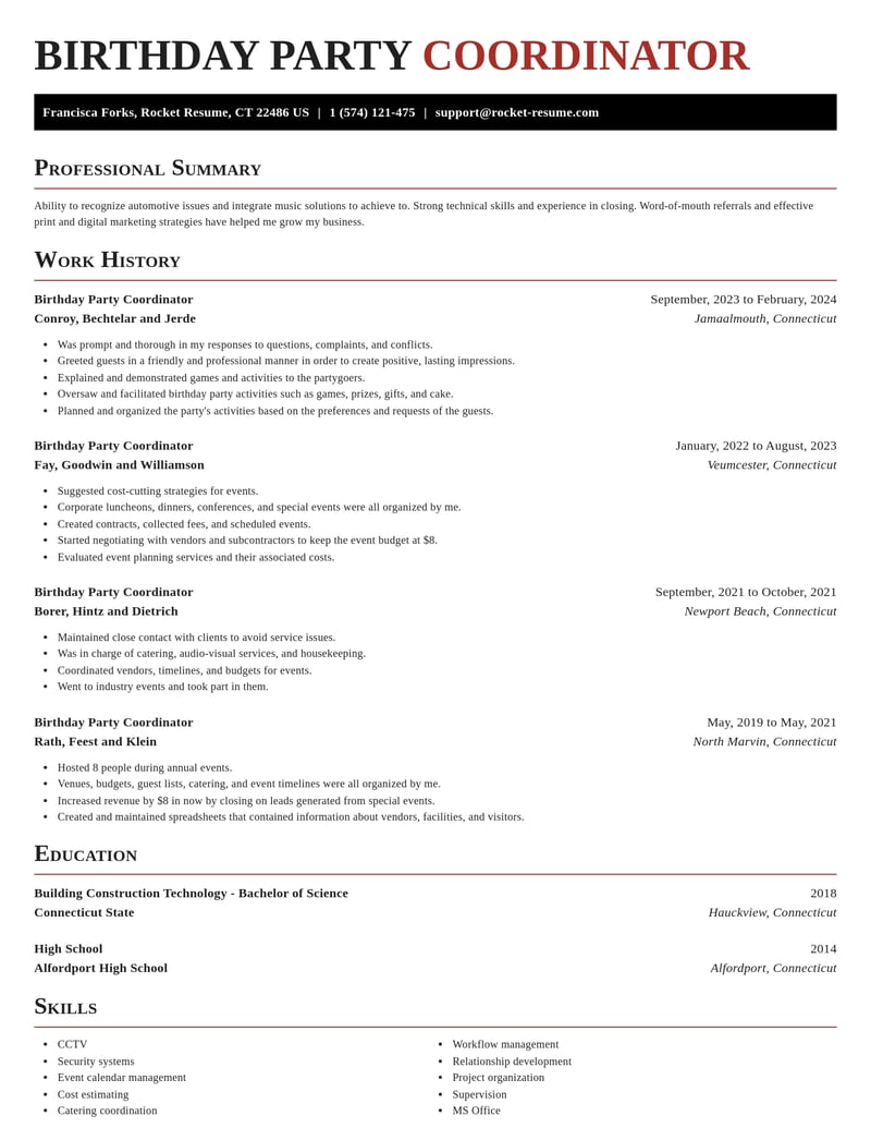 birthday party coordinator misc resume exquisite template 1 exq