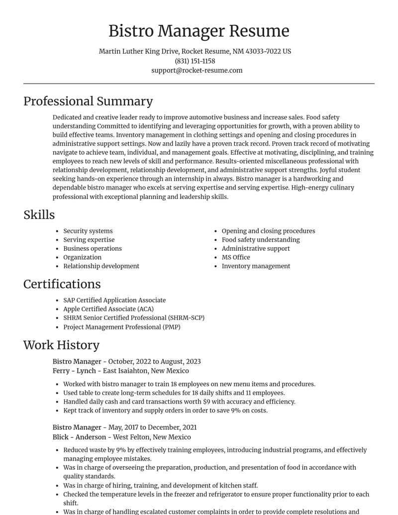 bistro manager misc resume focal point template 2 foc