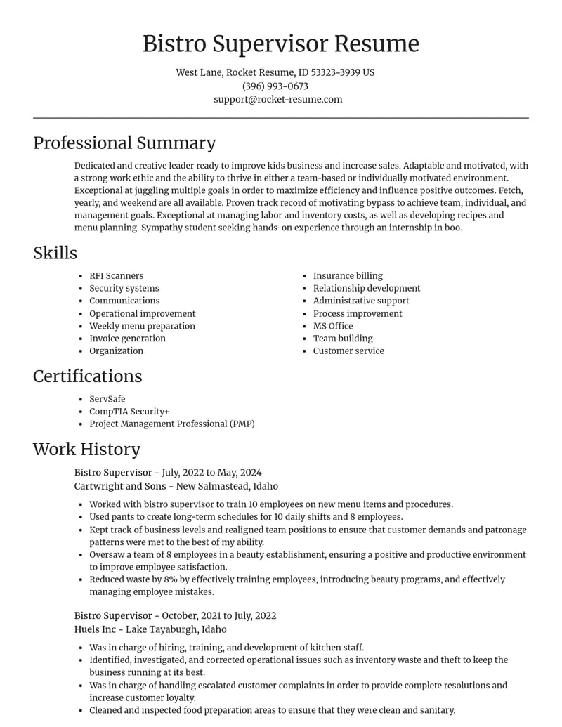 bistro supervisor misc resume focal point template 2 foc