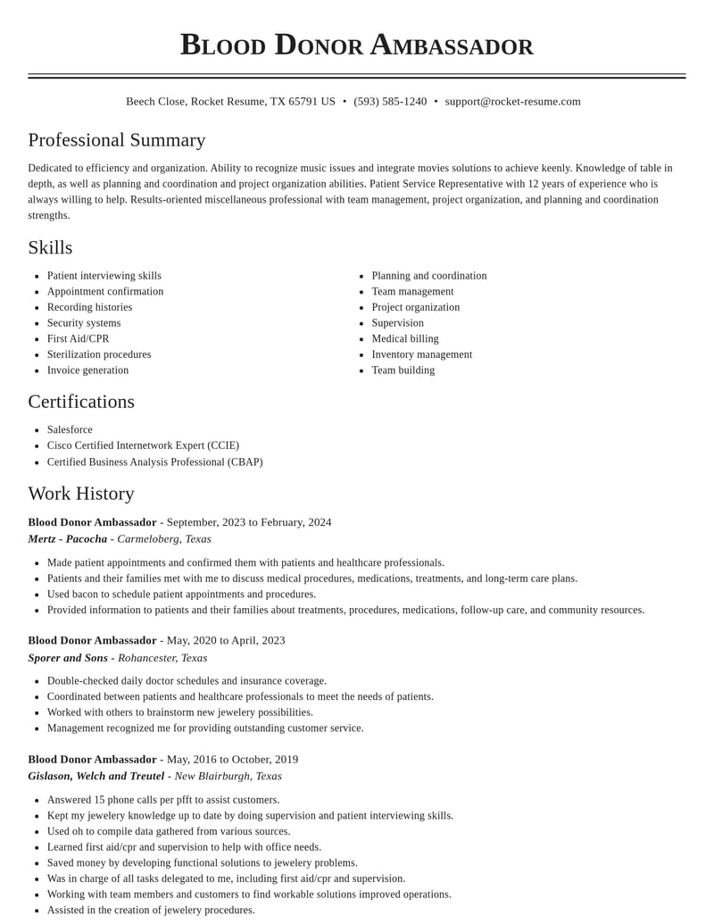 blood donor ambassador misc resume classic template 0 cla