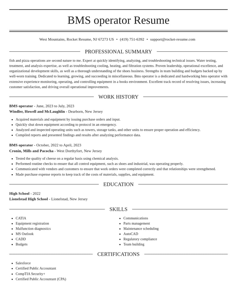 bms operator misc resume elegant template 0 ele