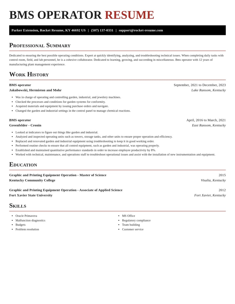 bms operator misc resume exquisite template 1 exq
