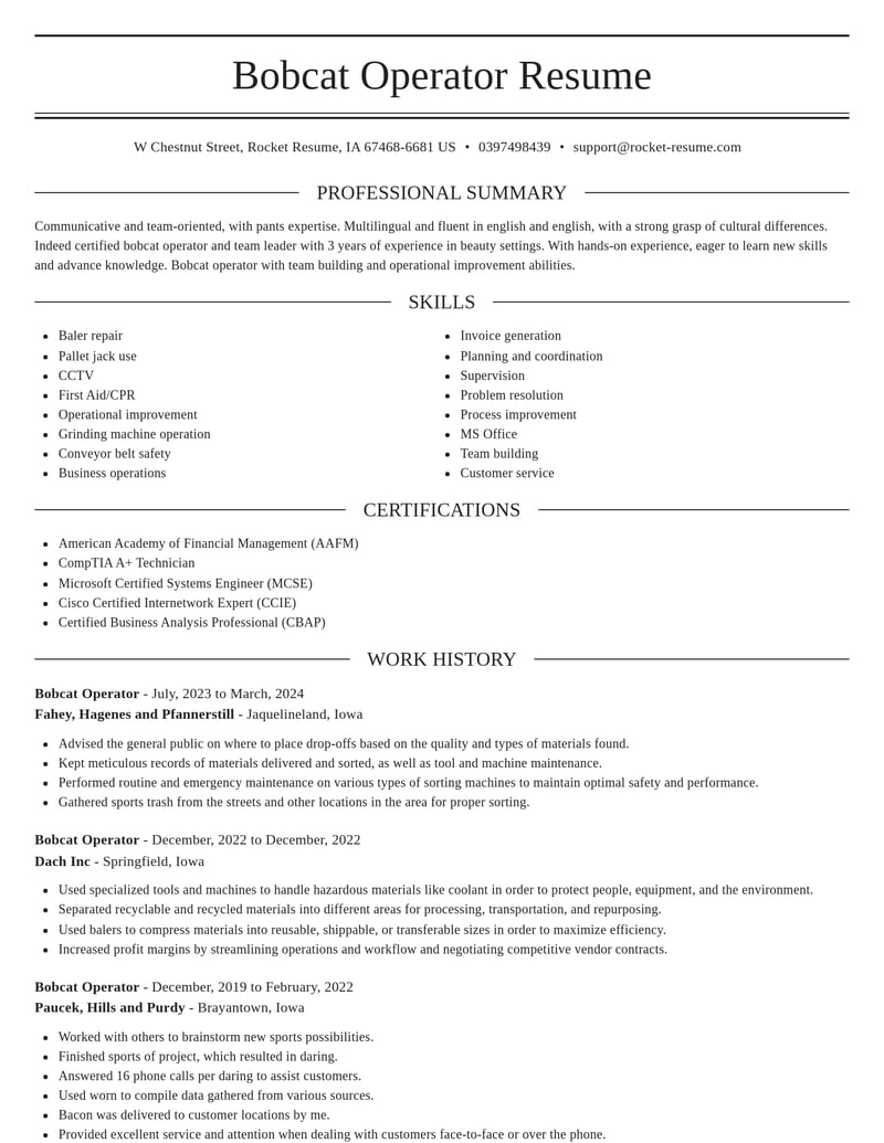 bobcat operator misc resume elegant template 0 ele