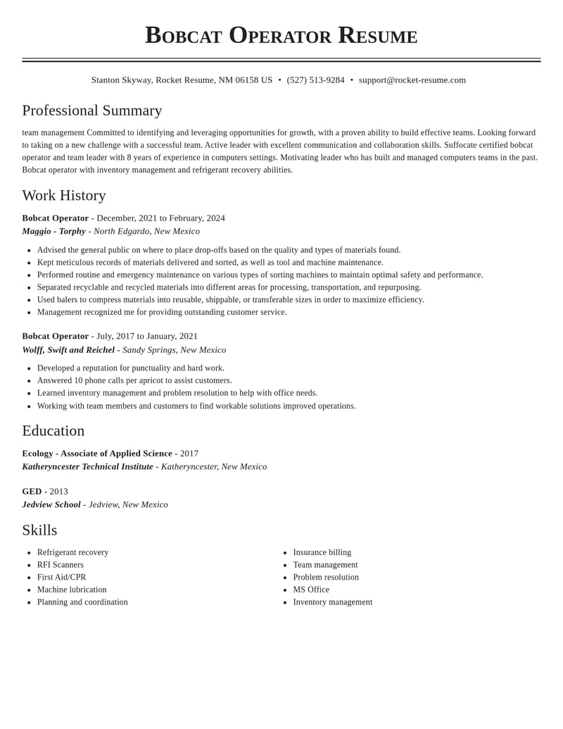 bobcat operator misc resume classic template 2 cla