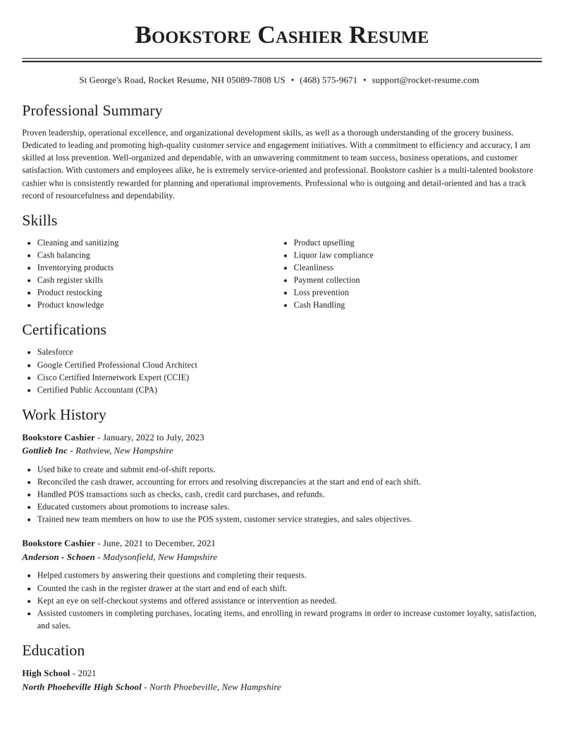 bookstore cashier misc resume classic template 1 cla