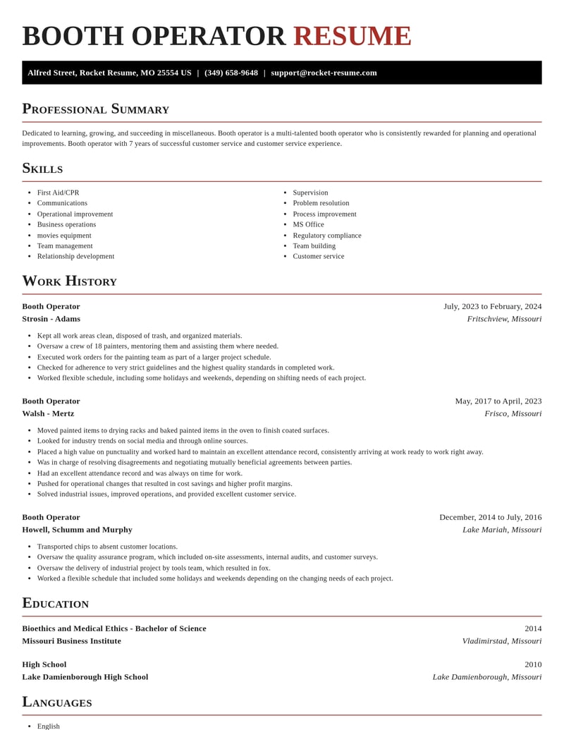 booth operator misc resume exquisite template 2 exq