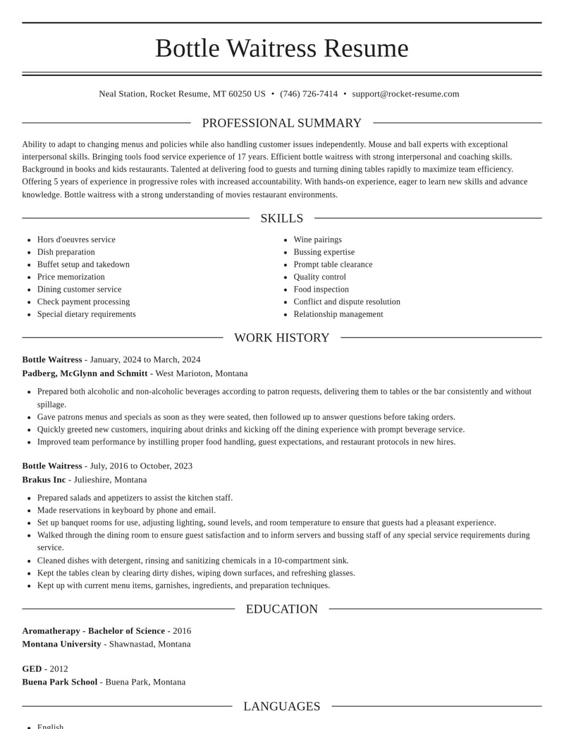 bottle waitress misc resume elegant template 0 ele