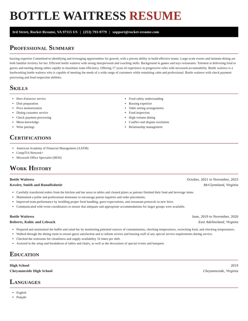 bottle waitress misc resume exquisite template 2 exq