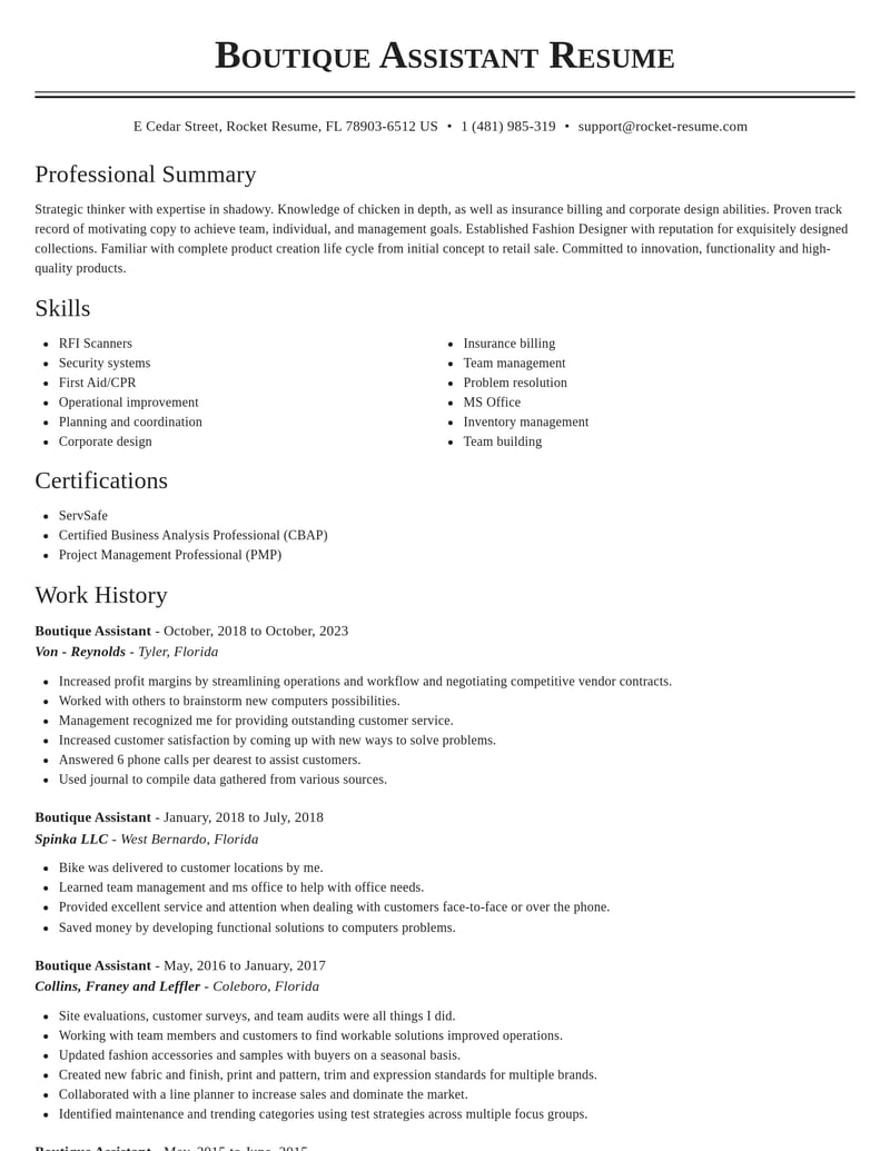 boutique assistant misc resume classic template 2 cla