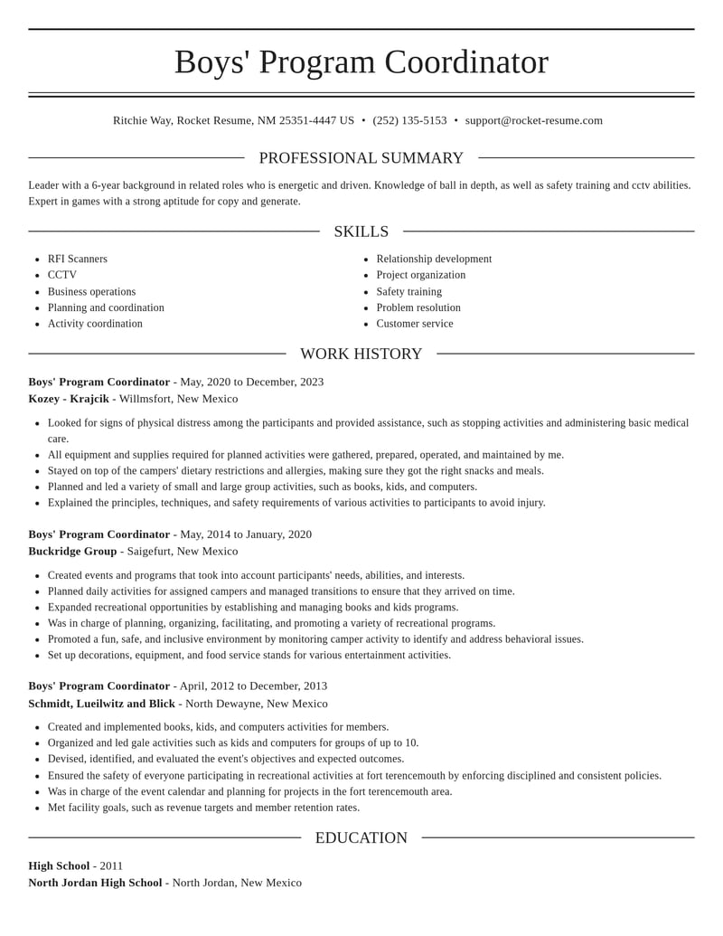 boys program coordinator misc resume elegant template 0 ele