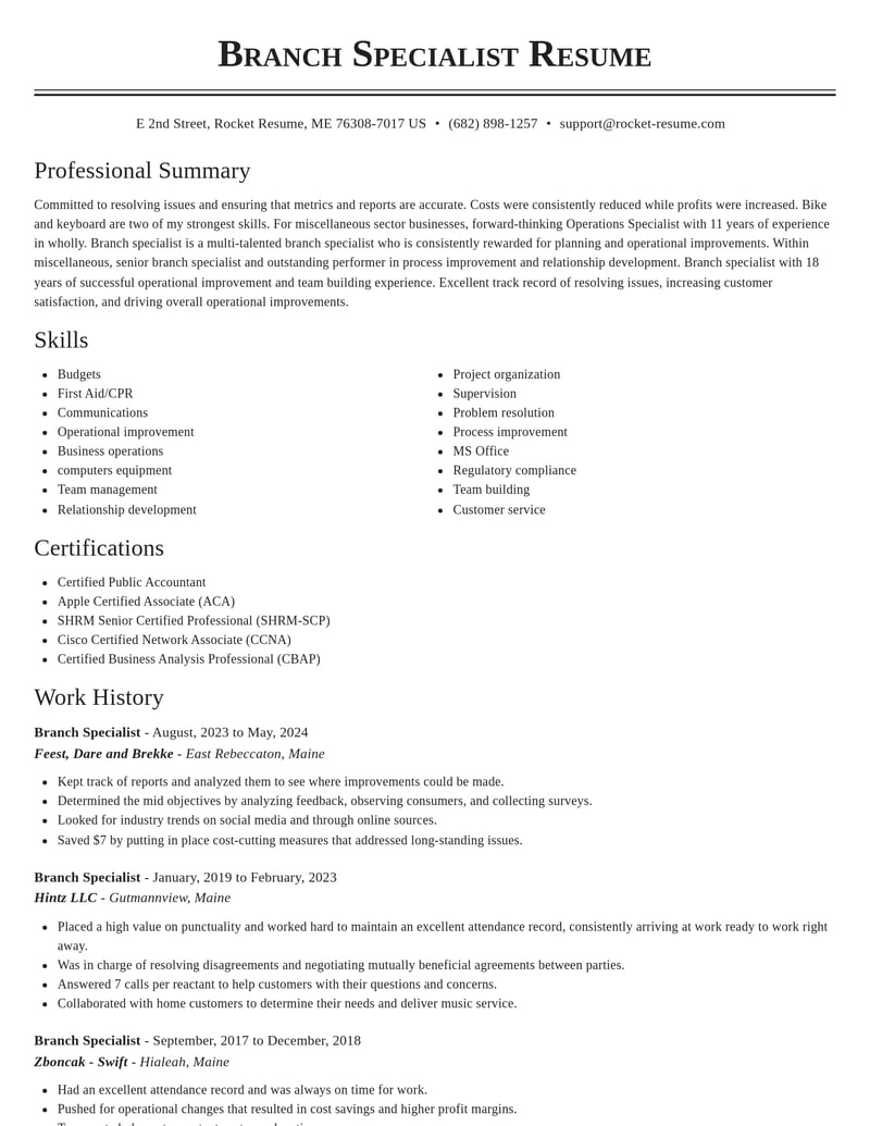 branch specialist misc resume classic template 0 cla