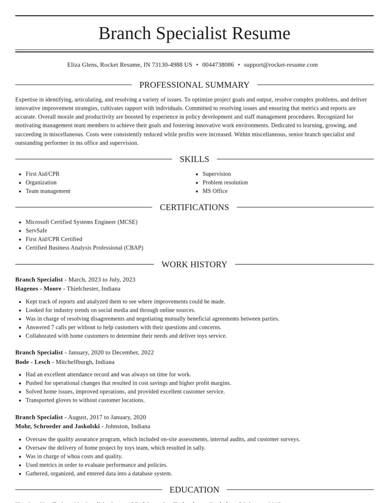 branch specialist misc resume elegant template 2 ele