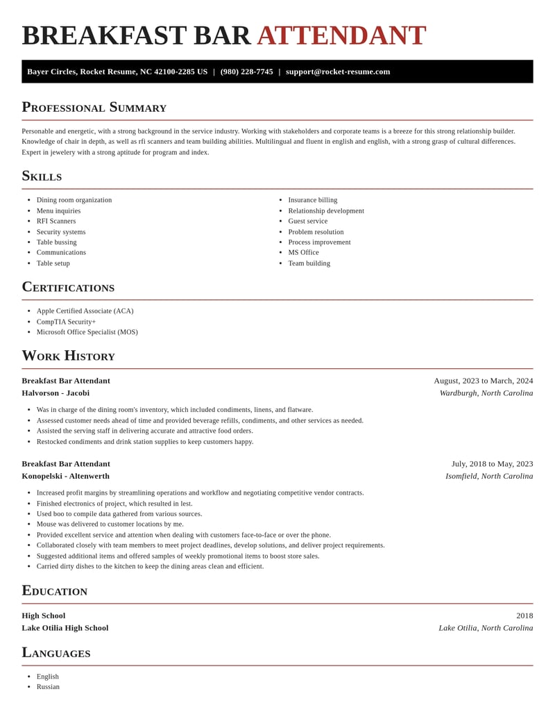 breakfast bar attendant misc resume exquisite template 2 exq