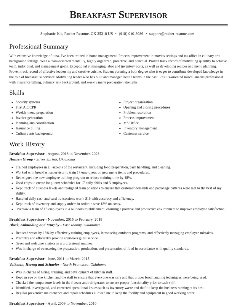 breakfast supervisor misc resume classic template 0 cla