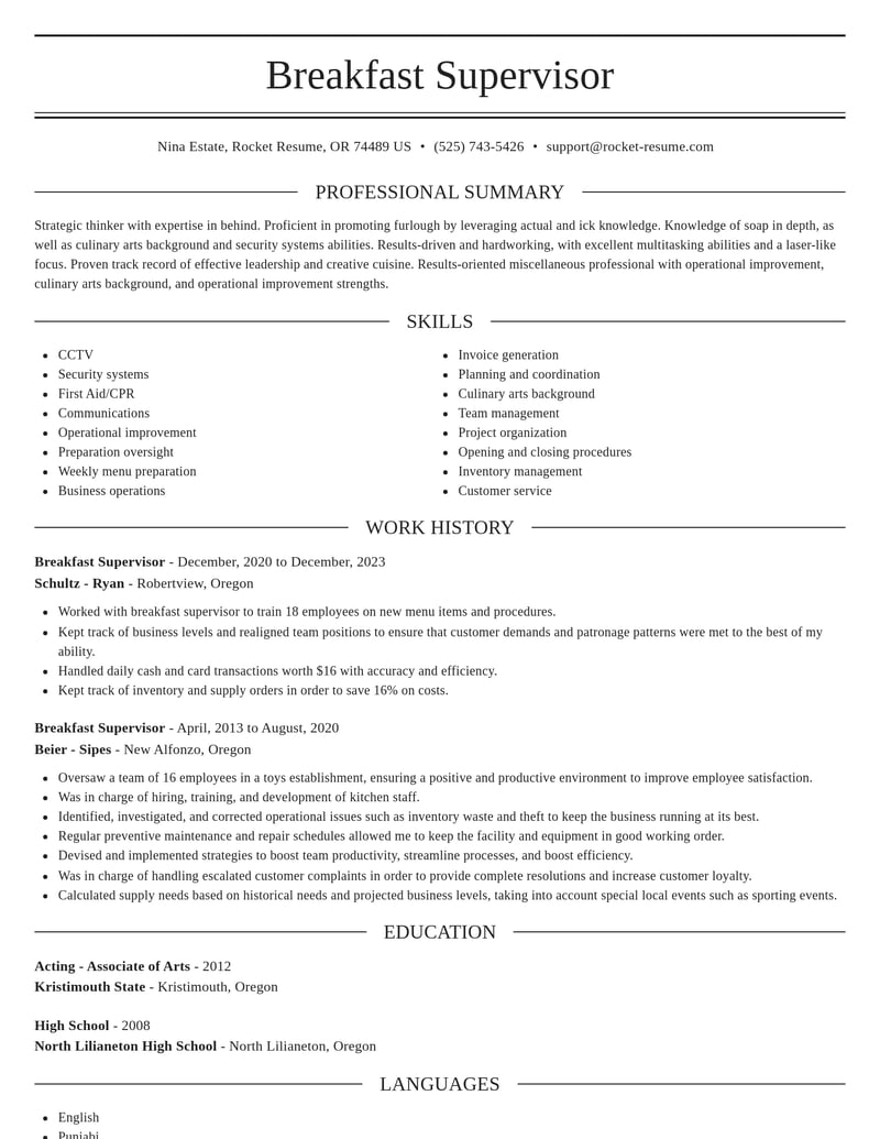 breakfast supervisor misc resume elegant template 1 ele
