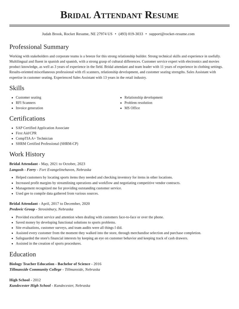 bridal attendant misc resume classic template 1 cla
