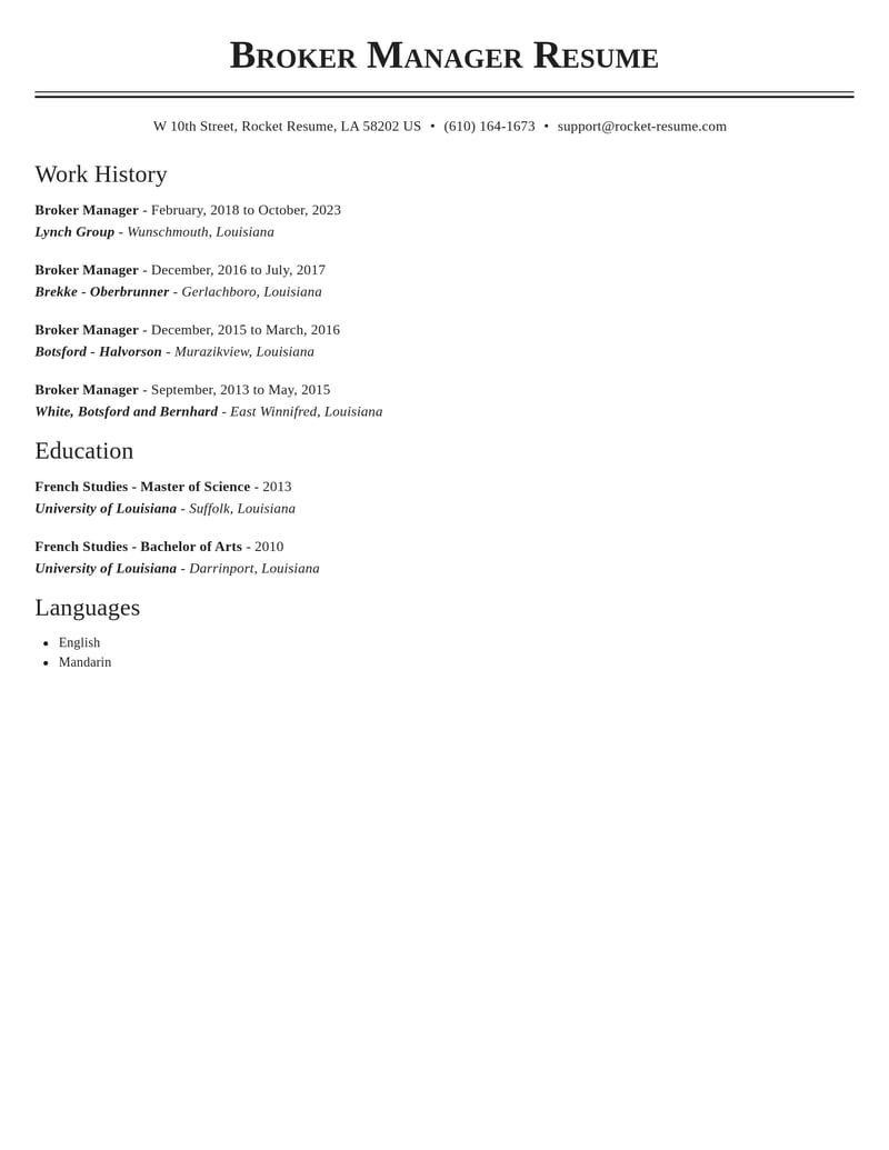 broker manager misc resume classic template 1 cla