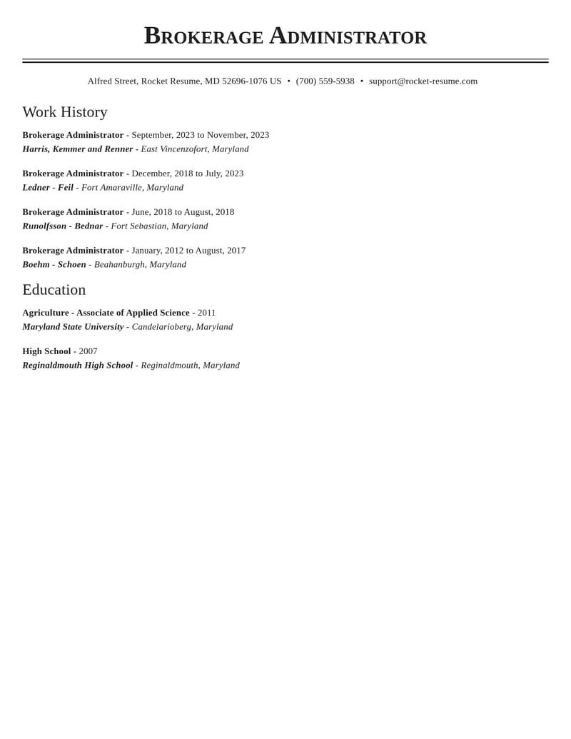 brokerage administrator misc resume classic template 1 cla